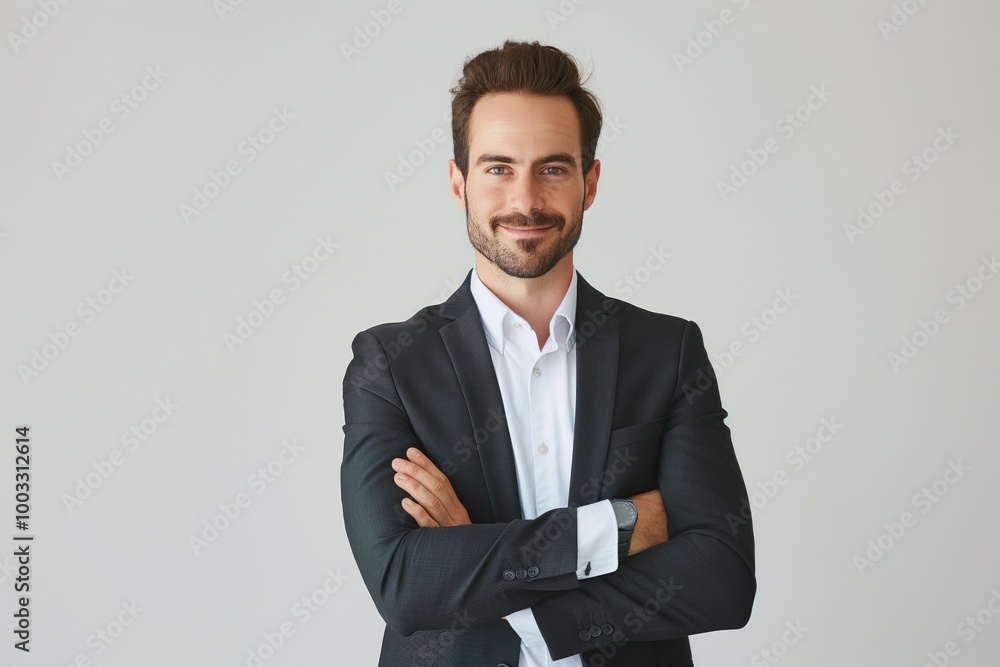Smiling caucasian man wearing formal business attire on white background. Handsome businessman with confident expression. Modern corporate fashion style. Pro looking gentleman in office setting. Smiling caucasian man wearing formal business attire on white background. Handsome businessman with confident expression. Modern corporate fashion style. Pro looking gentleman in office setting.