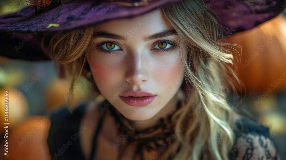Enchanting Witch in Autumn Setting with Pumpkins and Magical Atmosphere Enchanting Witch in Autumn Setting with Pumpkins and Magical Atmosphere