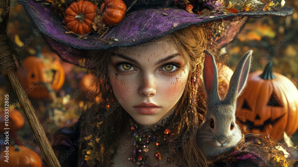Enchanting Witch in Autumn Setting with Pumpkins and Magical Atmosphere Enchanting Witch in Autumn Setting with Pumpkins and Magical Atmosphere