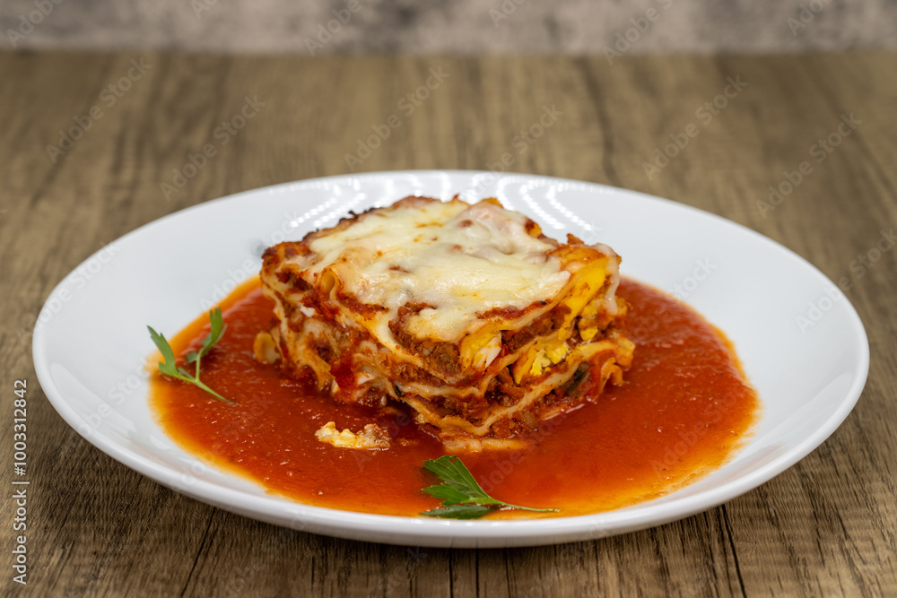 Authentic Italian lasagne served with mushroom meat sauce Authentic Italian lasagne served with mushroom meat sauce