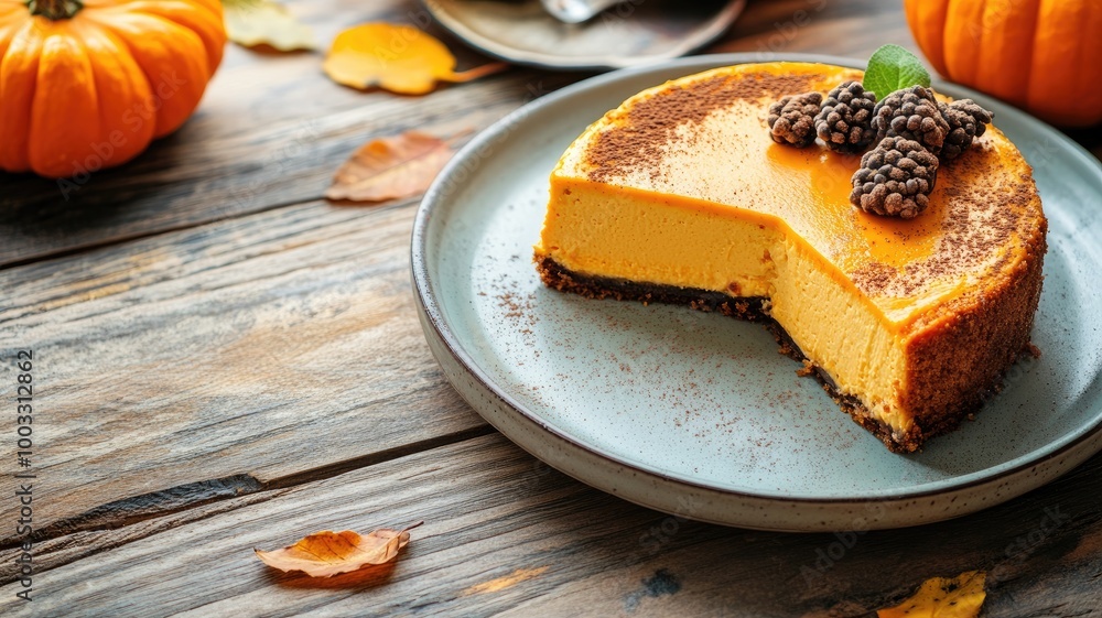 Pumpkin cheesecake on plate garnished with blackberries Pumpkin cheesecake on plate garnished with blackberries