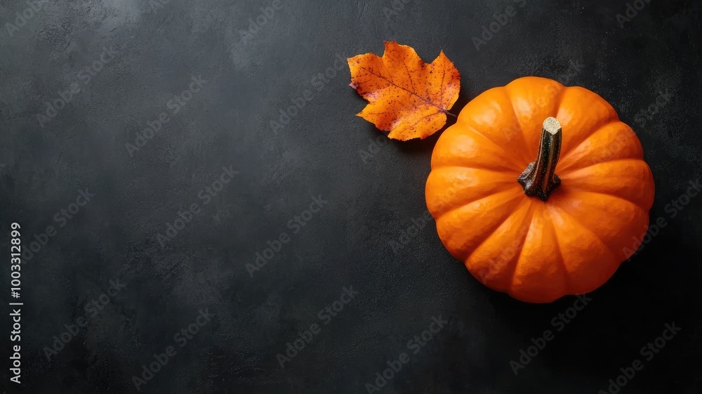 Orange pumpkin and dried leaf on black background Orange pumpkin and dried leaf on black background