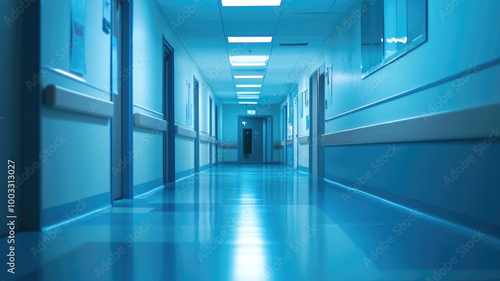 Obraz premium Brightly lit, empty hospital hallway with closed doors and clean floors