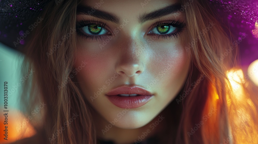 Enchanting Witch in Autumn Setting with Pumpkins and Magical Atmosphere Enchanting Witch in Autumn Setting with Pumpkins and Magical Atmosphere