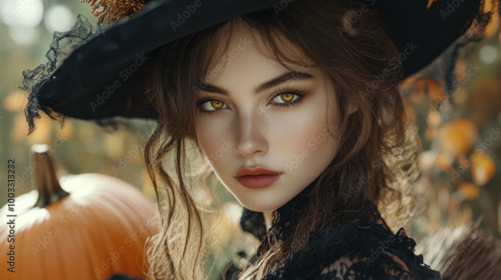 Enchanting Witch in Autumn Setting with Pumpkins and Magical Atmosphere Enchanting Witch in Autumn Setting with Pumpkins and Magical Atmosphere