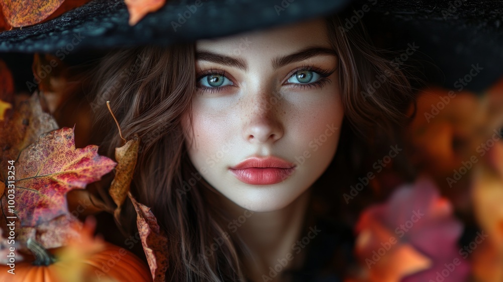 Fototapeta premium Enchanting Witch in Autumn Setting with Pumpkins and Magical Atmosphere