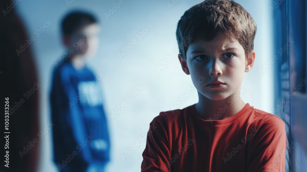 Two young boys, one upset in focus, another blurred background Two young boys, one upset in focus, another blurred background