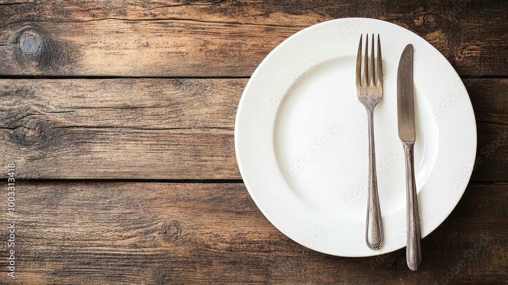 White plate with fork and knife on rustic wooden table White plate with fork and knife on rustic wooden table