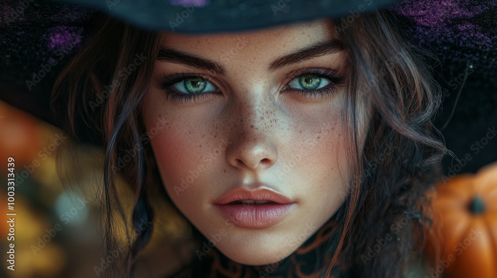 Enchanting Witch in Autumn Setting with Pumpkins and Magical Atmosphere Enchanting Witch in Autumn Setting with Pumpkins and Magical Atmosphere