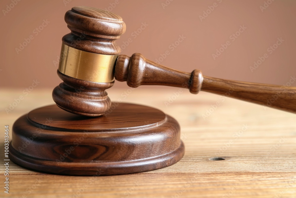Close-up of wooden judge gavel on wooden table. Brown, wooden, hammer-like object, of authority, law, justice. Iconic tool for judges to bang, indicating decision, verdict, agreement. Used in court, Close-up of wooden judge gavel on wooden table. Brown, wooden, hammer-like object, of authority, law, justice. Iconic tool for judges to bang, indicating decision, verdict, agreement. Used in court,