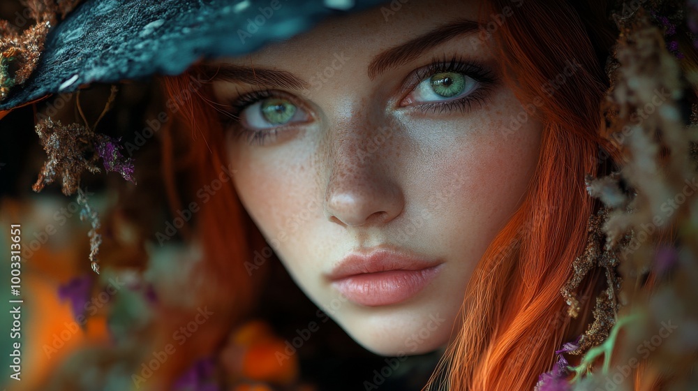 Enchanting Witch in Autumn Setting with Pumpkins and Magical Atmosphere Enchanting Witch in Autumn Setting with Pumpkins and Magical Atmosphere