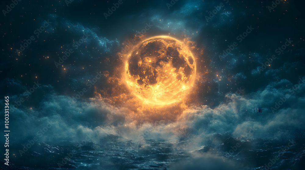 Fiery Moon Above a Foggy Sea - Fantasy Illustration Fiery Moon Above a Foggy Sea - Fantasy Illustration