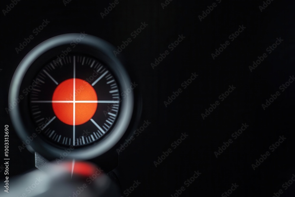 Sniper's scope view of a target, crosshairs aligned on a bullseye ...