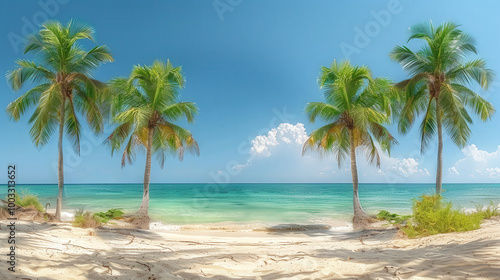 Tropical island with tall coconut trees, turquoise water and white sandy beach. Bright daylight