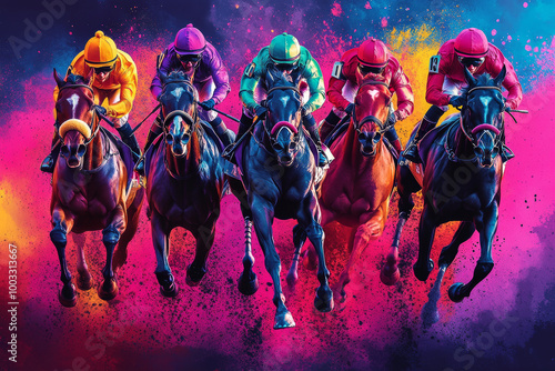 Vibrant horse racing scene featuring jockeys in colorful silks racing on powerful horses, set against dynamic, colorful background. energy and excitement of race are palpable