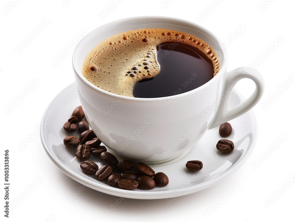 Fototapeta premium Close-up of a steaming cup of coffee on a white background. Aromatic beverage in a porcelain mug. Freshly brewed coffee with brown foam. Isolated concept photo of a hot drink.