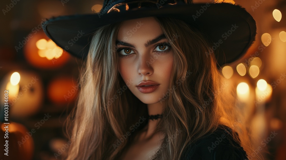 Enchanting Witch in Autumn Setting with Pumpkins and Magical Atmosphere Enchanting Witch in Autumn Setting with Pumpkins and Magical Atmosphere