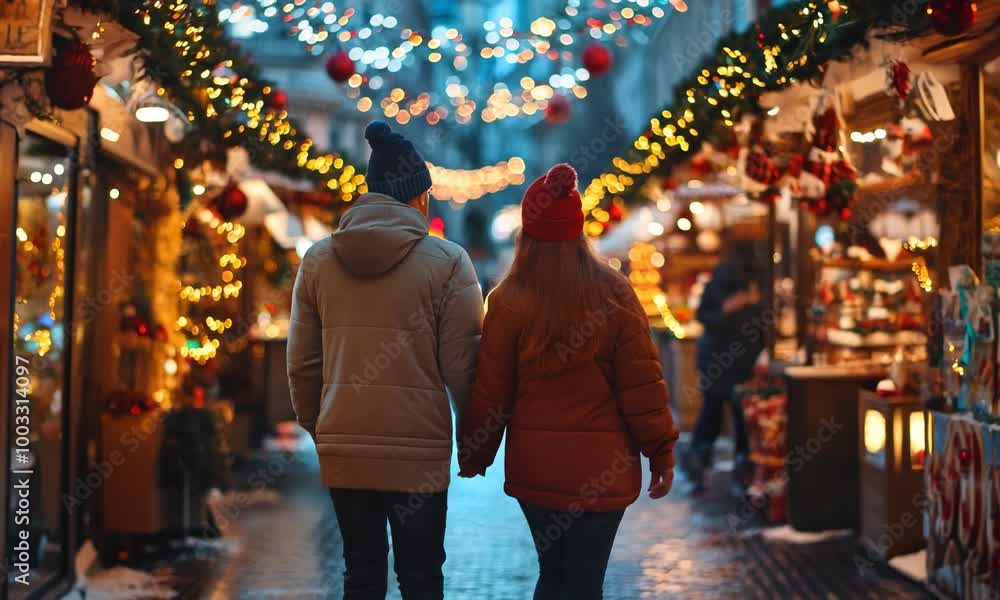 A young couple walks on the street in the evening Christmas market with garlands and New Year's lights A young couple walks on the street in the evening Christmas market with garlands and New Year's lights