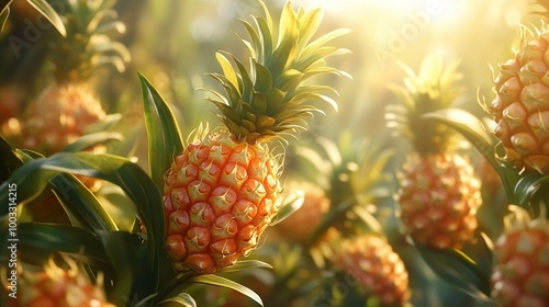 Ripe Pineapples in a Tropical Garden