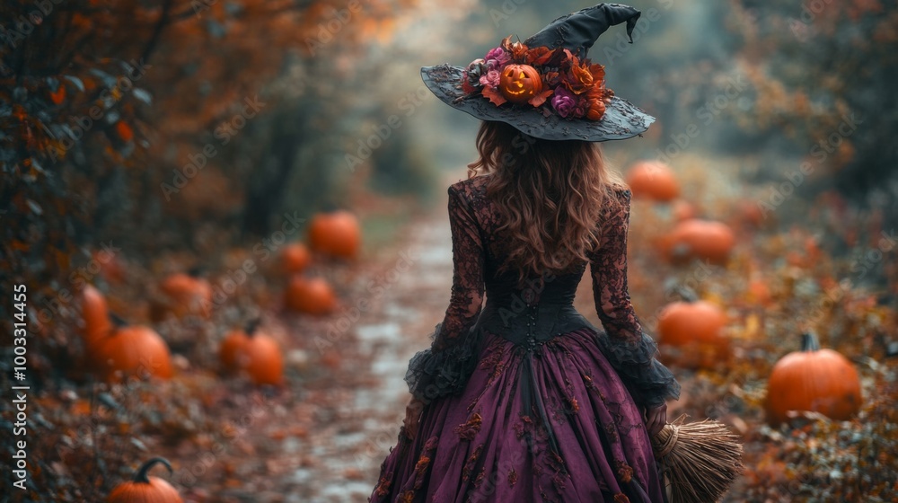 Enchanting Witch in Autumn Setting with Pumpkins and Magical Atmosphere Enchanting Witch in Autumn Setting with Pumpkins and Magical Atmosphere