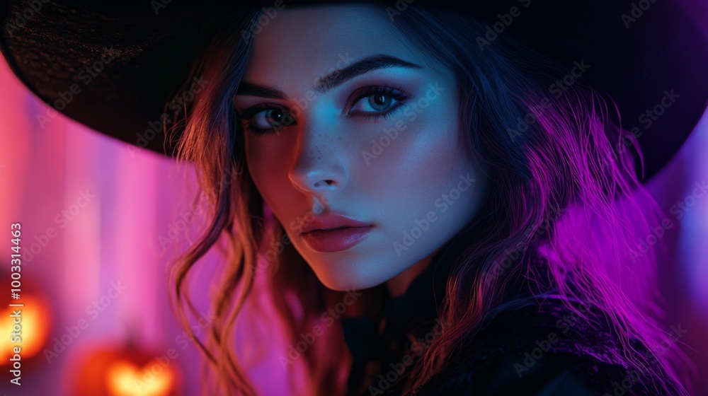 Enchanting Witch in Autumn Setting with Pumpkins and Magical Atmosphere Enchanting Witch in Autumn Setting with Pumpkins and Magical Atmosphere