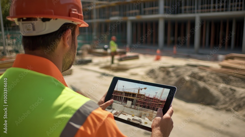 Generate a photo realistic image of technology integration at a construction site, with drones, digital surveys, BIM models, and construction workers using tablets