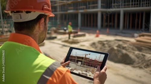 Obraz na płótnie Generate a photo realistic image of technology integration at a construction site, with drones, digital surveys, BIM models, and construction workers using tablets w salonie