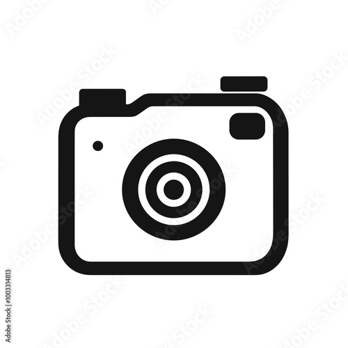 This vector icon presents a minimalist design of a camera featuring a simple black line style. It is suitable for web design, applications, and branding materials photo