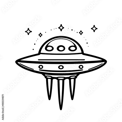 This icon features a stylized spaceship, showcasing its distinct rounded body and three landing legs, surrounded by sparkling stars, adding a whimsical touch