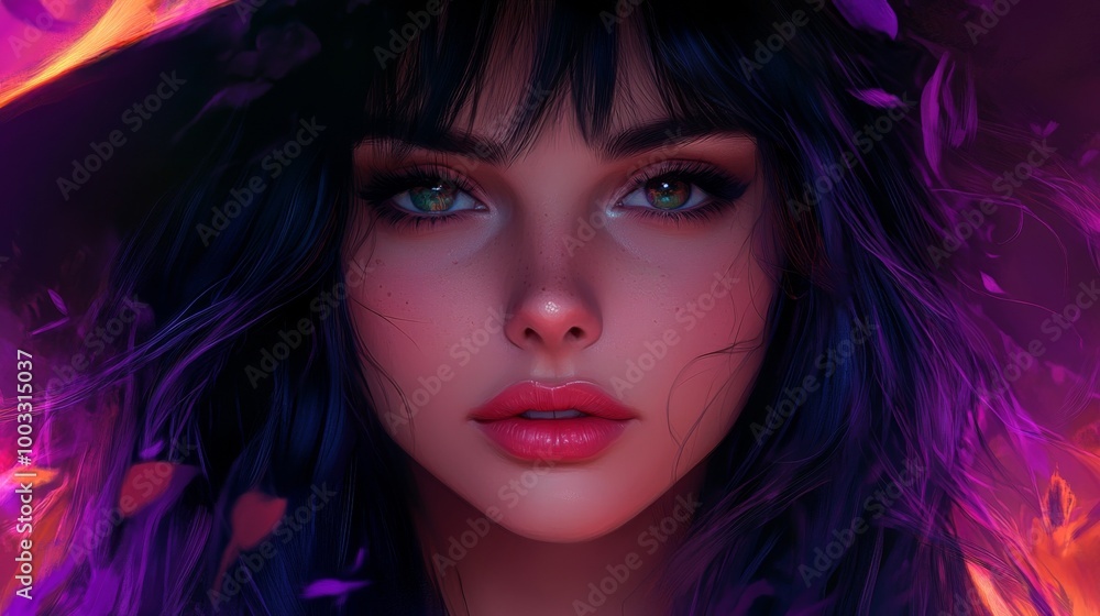 Enchanting Witch in Autumn Setting with Pumpkins and Magical Atmosphere Enchanting Witch in Autumn Setting with Pumpkins and Magical Atmosphere