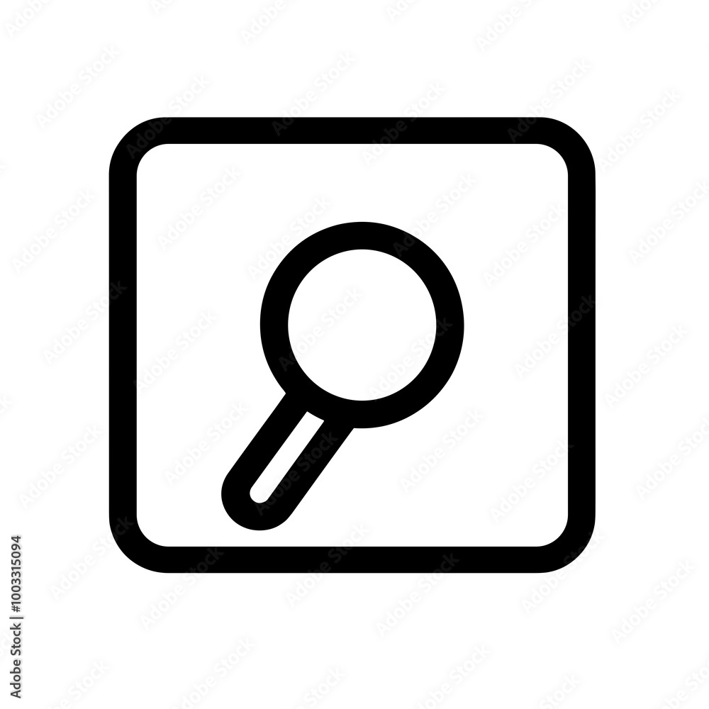 The icon features a black magnifying glass enclosed in a rounded square, illustrating a simple and clean design ideal for search functionalities in various applications The icon features a black magnifying glass enclosed in a rounded square, illustrating a simple and clean design ideal for search functionalities in various applications