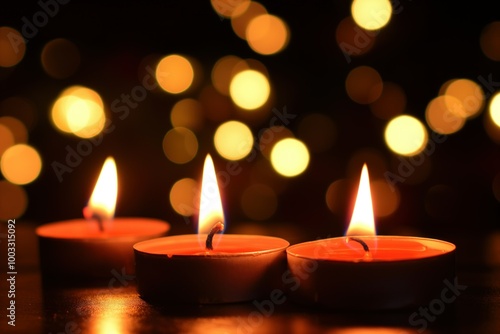 Close-up of burning candles on dark background. Soft, warm, and calming flame light. Multiple candles create peaceful atmosphere, perfect for romance, relaxation, and meditation.