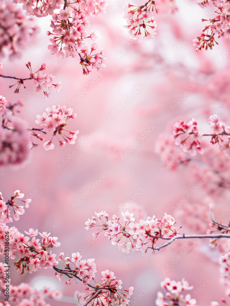 Soft pink background with central blank space, edged by gently curving branches cherry blossoms Soft pink background with central blank space, edged by gently curving branches cherry blossoms