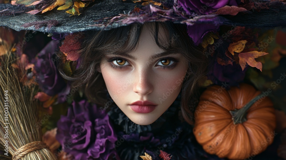 Enchanting Witch in Autumn Setting with Pumpkins and Magical Atmosphere Enchanting Witch in Autumn Setting with Pumpkins and Magical Atmosphere
