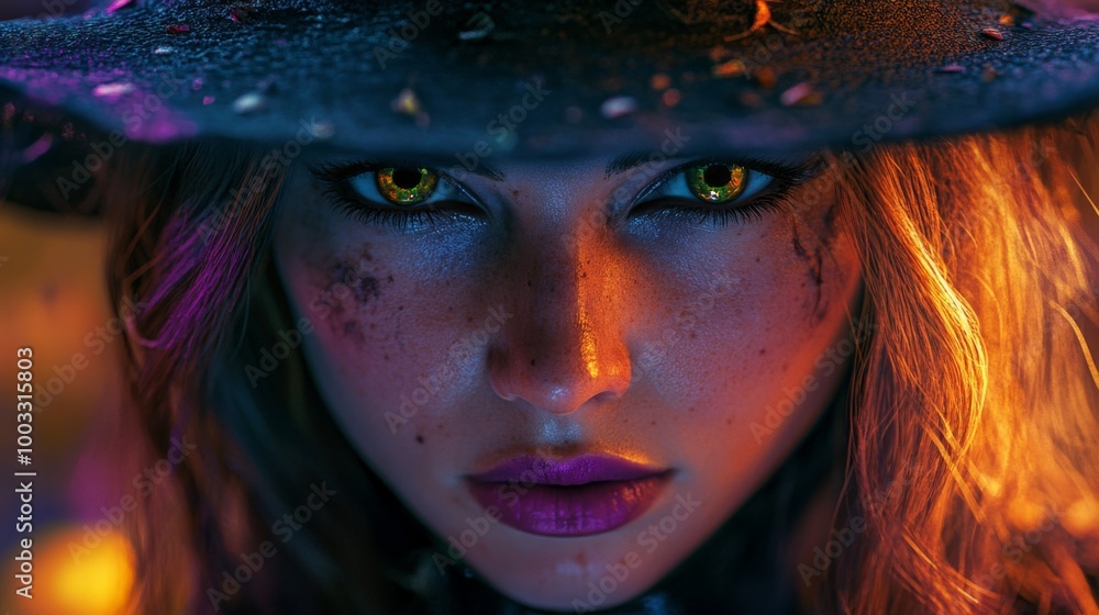 Enchanting Witch in Autumn Setting with Pumpkins and Magical Atmosphere Enchanting Witch in Autumn Setting with Pumpkins and Magical Atmosphere