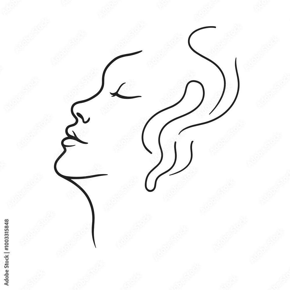 This simple line interface icon features a profile view of a woman with flowing hair and a tranquil expression, conveying peace and elegance This simple line interface icon features a profile view of a woman with flowing hair and a tranquil expression, conveying peace and elegance