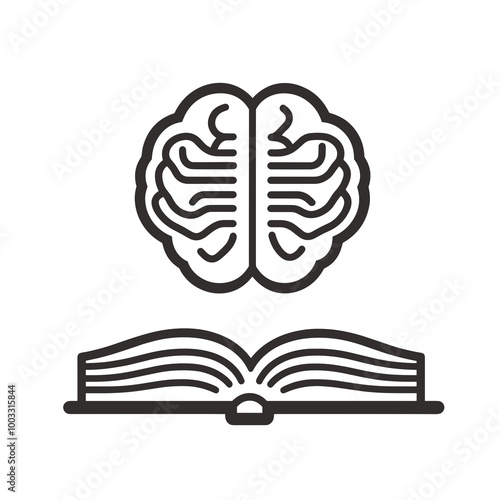 This vector icon combines an outline of a brain positioned over an open book, illustrating the connection between cognitive skills and reading, promoting education