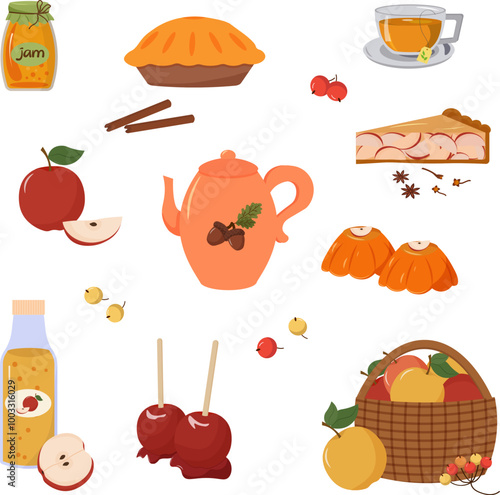 Apple harvest. Cozy autumn. Pie and tea, fruit basket, caramel apples. Apple juice and jam. Set of elements. Vector illustration