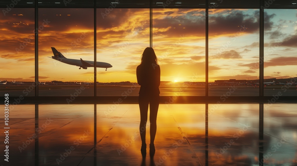 Enigmatic Wanderlust: Woman Silhouette Watching Plane Take Off at Airport Against Stunning Sunset Sky in 8K UHD Enigmatic Wanderlust: Woman Silhouette Watching Plane Take Off at Airport Against Stunning Sunset Sky in 8K UHD