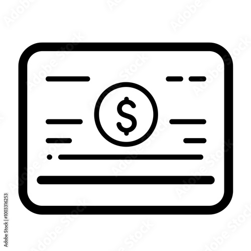 This icon illustrates a straightforward delivery payment method, featuring a dollar sign and horizontal lines to denote transaction details, ideal for mobile apps