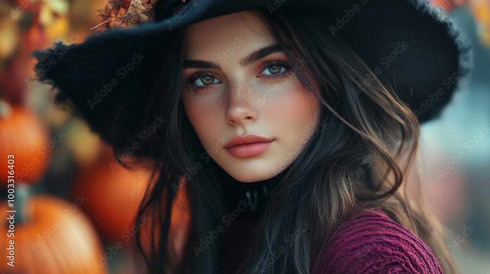 Enchanting Witch in Autumn Setting with Pumpkins and Magical Atmosphere Enchanting Witch in Autumn Setting with Pumpkins and Magical Atmosphere