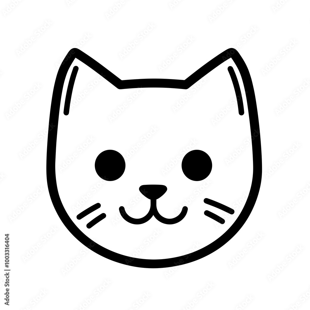 A minimalist black line representation of a cat's face, featuring prominent ears, round eyes, and a smiling mouth, suitable for graphic design projects A minimalist black line representation of a cat's face, featuring prominent ears, round eyes, and a smiling mouth, suitable for graphic design projects