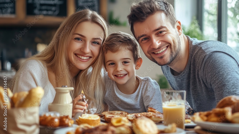 Happy family enjoying breakfast together at home. Happy family enjoying breakfast together at home.