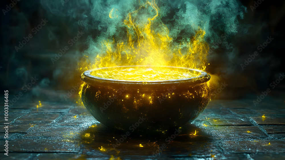 Cauldron with Yellow Potion and Smoke - 3D Illustration Cauldron with Yellow Potion and Smoke - 3D Illustration