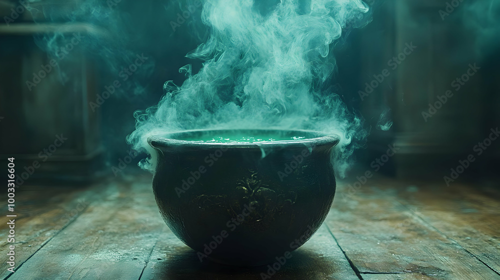 Black Cauldron with Green Liquid and Smoke Illustration Black Cauldron with Green Liquid and Smoke Illustration