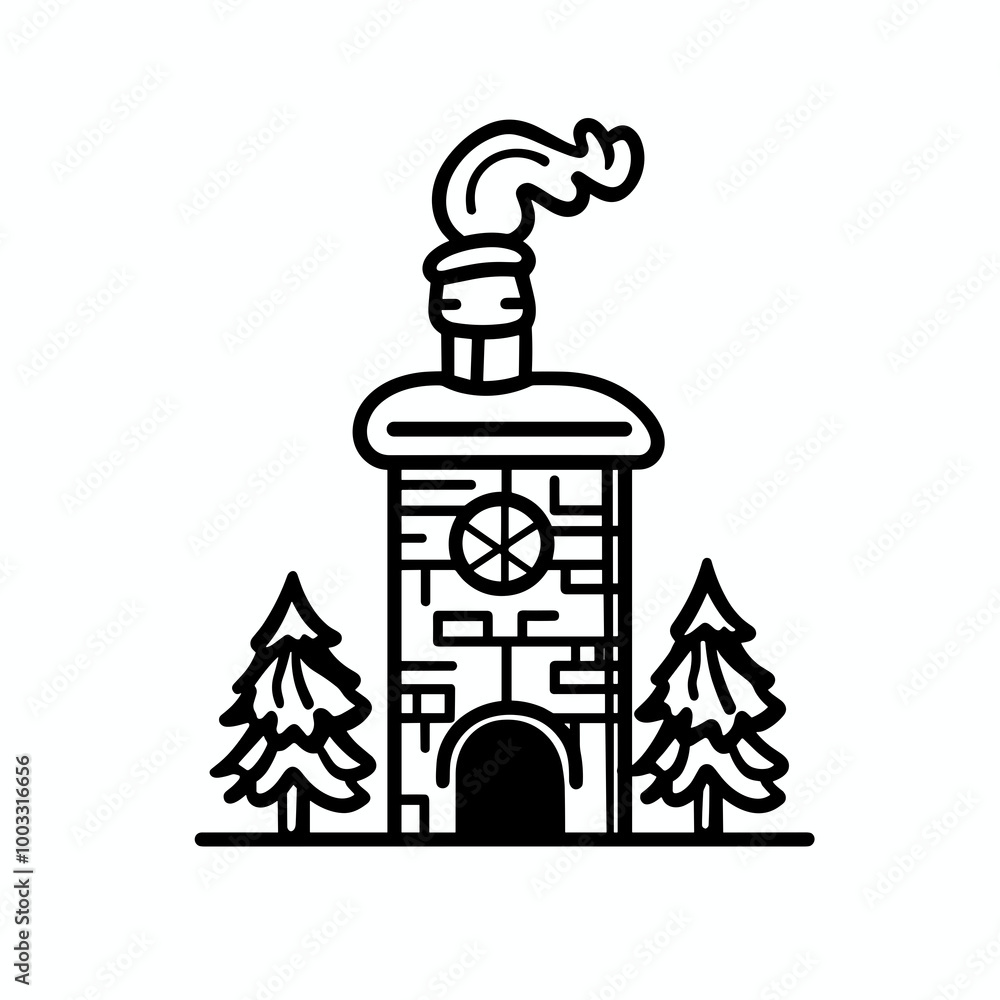 This vector icon showcases a chimney rising from a house, surrounded by pine trees, featuring a clean and minimalistic line art style that suits multiple design projects This vector icon showcases a chimney rising from a house, surrounded by pine trees, featuring a clean and minimalistic line art style that suits multiple design projects