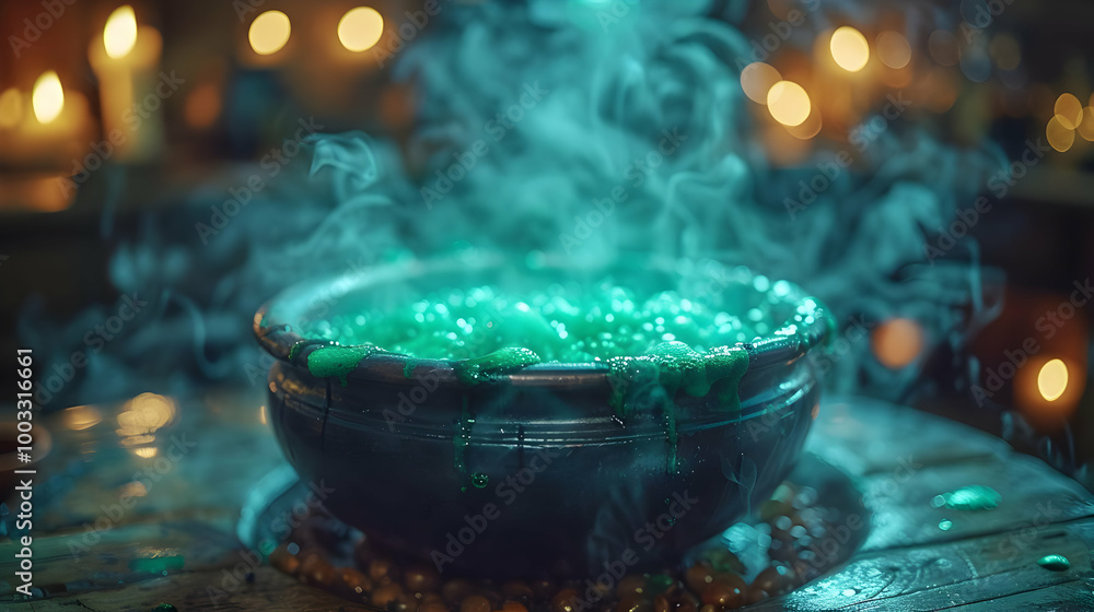 Spooky Green Potion in a Cauldron with Smoke Illustration