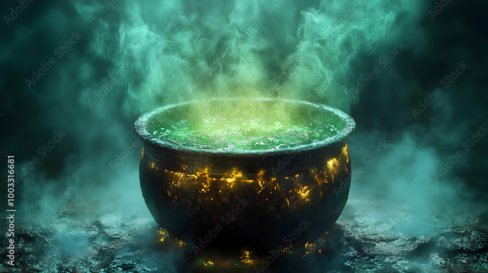 Boiling Green Liquid in a Black Cauldron with Smoke - 3D Illustration Boiling Green Liquid in a Black Cauldron with Smoke - 3D Illustration