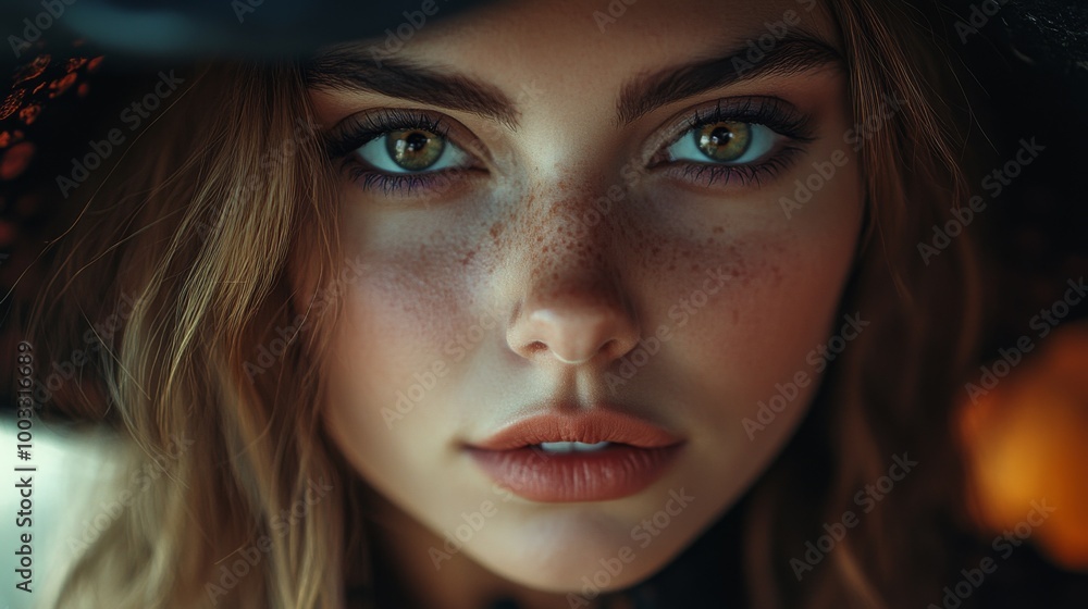Enchanting Witch in Autumn Setting with Pumpkins and Magical Atmosphere Enchanting Witch in Autumn Setting with Pumpkins and Magical Atmosphere
