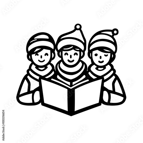 Three merry carolers bundled in winter clothing joyfully sing from a songbook, celebrating the holiday spirit with warmth and cheer in the frosty air